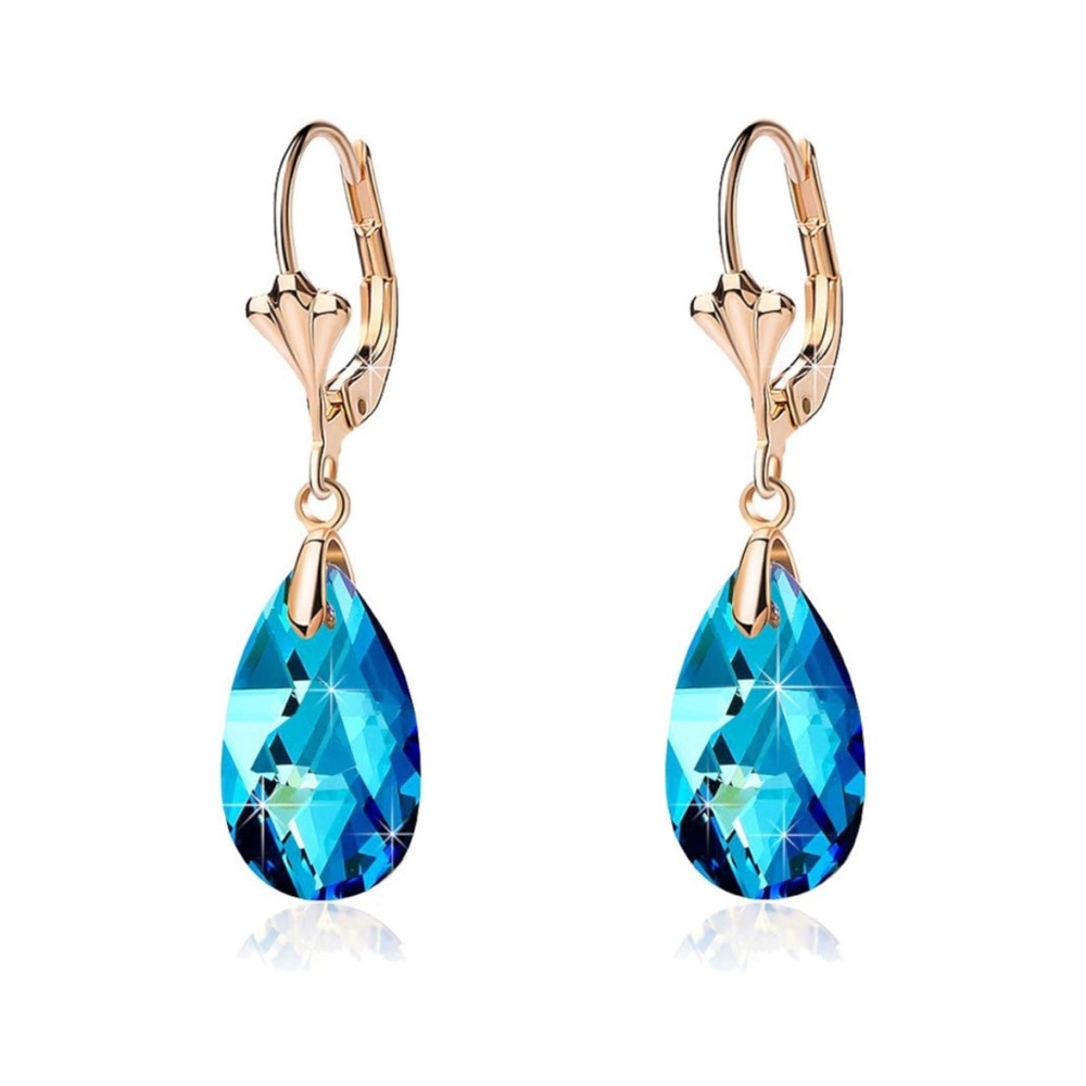 🆕 💎Austrian Crystal Teardrop Leverback Dangle Earrings 14K Gold Plated